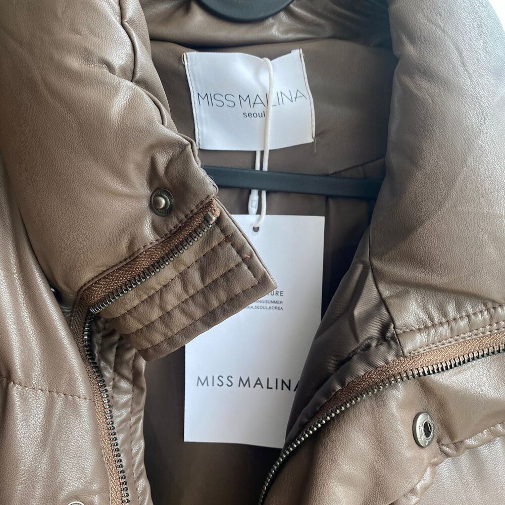 Faux Brown Leather Cropped Puffer Jacket